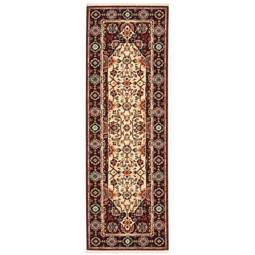 2' X 6' Red Ivory Blue And Orange Oriental Power Loom Stain Resistant Runner Rug With Fringe - Homeroots - Flyclothing LLC