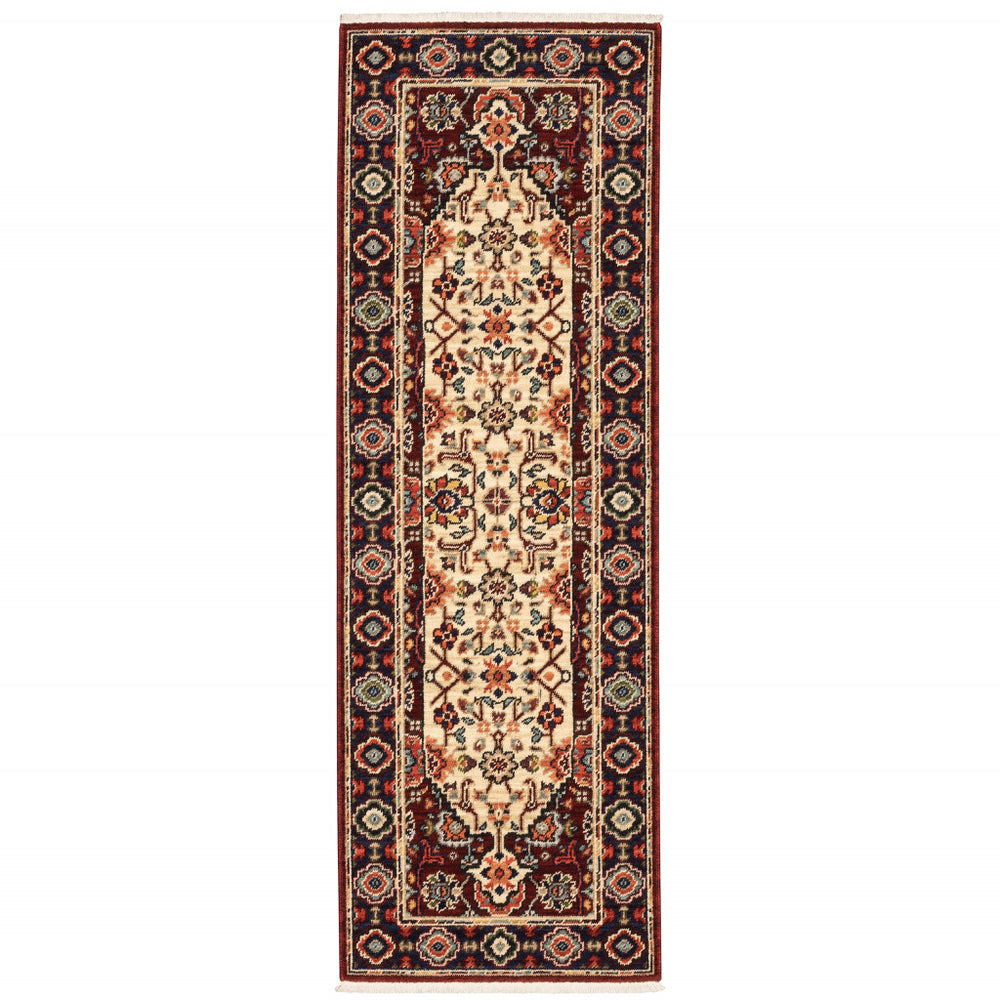 2' X 6' Red Ivory Blue And Orange Oriental Power Loom Stain Resistant Runner Rug With Fringe - Homeroots