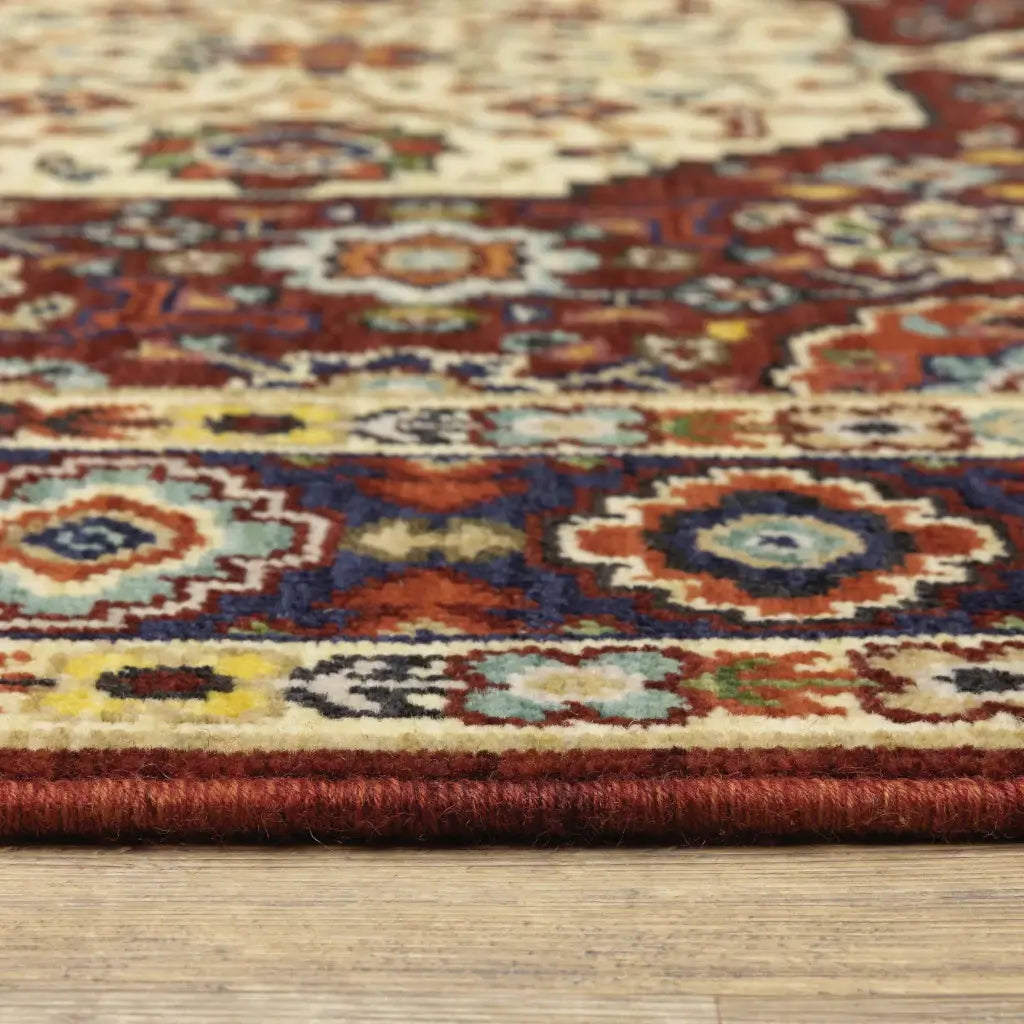 2' X 6' Red Ivory Blue And Orange Oriental Power Loom Stain Resistant Runner Rug With Fringe - Homeroots - Flyclothing LLC