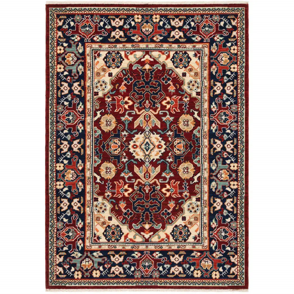 2' X 3' Red Blue Orange And Beige Oriental Power Loom Stain Resistant Area Rug With Fringe - Homeroots - Flyclothing LLC