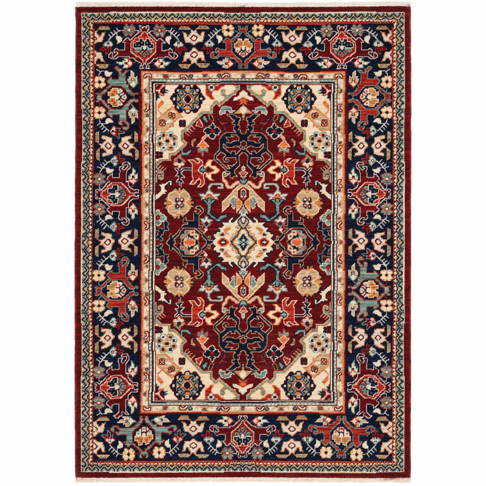 10' X 13' Red Blue Orange And Beige Oriental Power Loom Stain Resistant Area Rug With Fringe - Homeroots