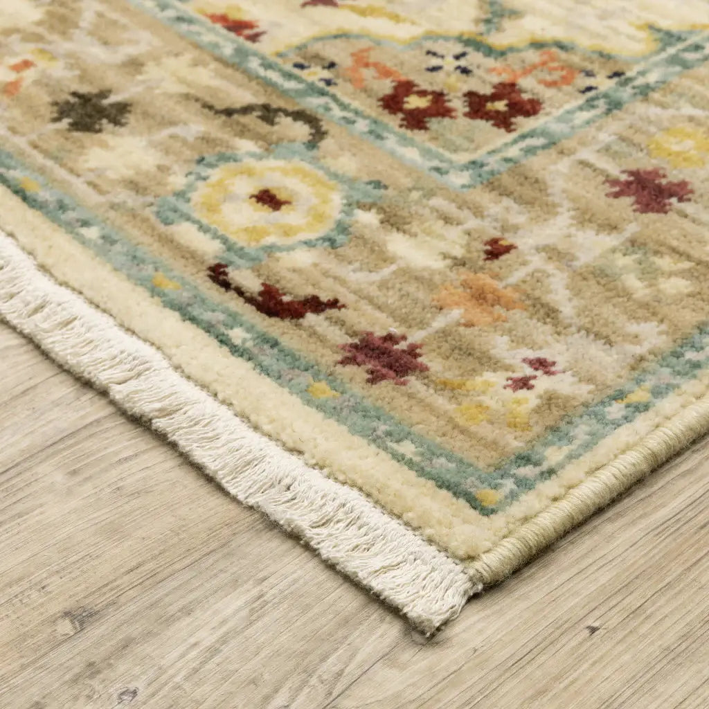 2' X 3' Beige Pale Blue Rust Gold Tan Brown And Orange Oriental Power Loom Stain Resistant Area Rug With Fringe - Homeroots - Flyclothing LLC