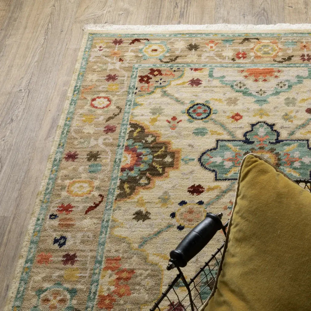 2' X 3' Beige Pale Blue Rust Gold Tan Brown And Orange Oriental Power Loom Stain Resistant Area Rug With Fringe - Homeroots - Flyclothing LLC