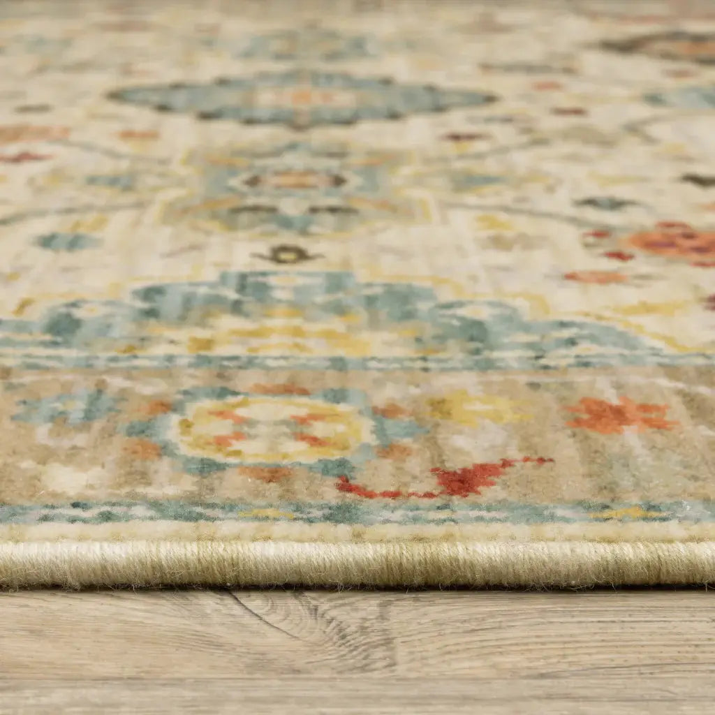 2' X 3' Beige Pale Blue Rust Gold Tan Brown And Orange Oriental Power Loom Stain Resistant Area Rug With Fringe - Homeroots - Flyclothing LLC