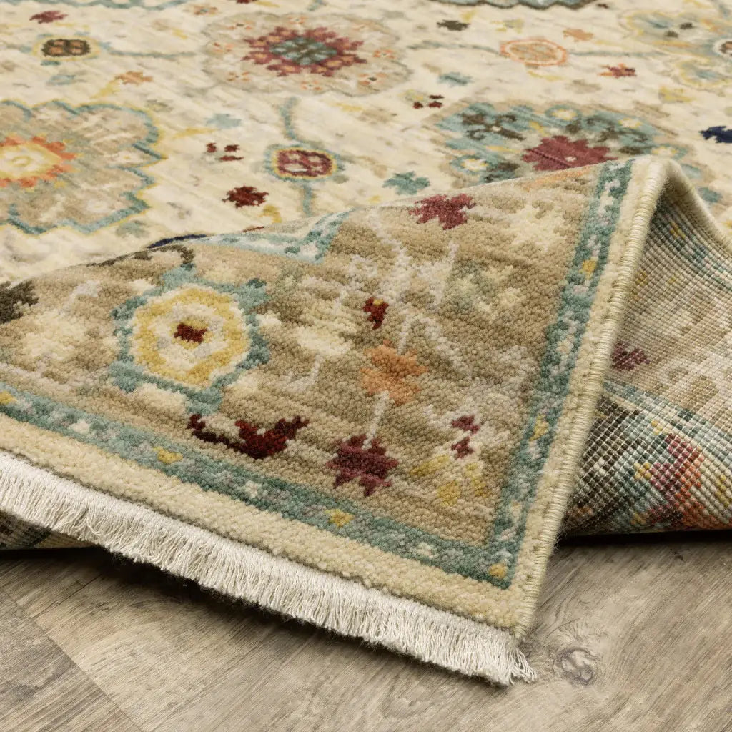 2' X 3' Beige Pale Blue Rust Gold Tan Brown And Orange Oriental Power Loom Stain Resistant Area Rug With Fringe - Homeroots - Flyclothing LLC