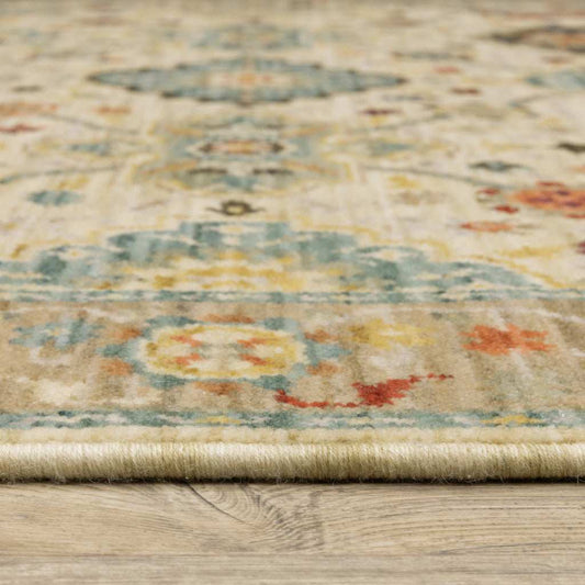 2' X 6' Beige Pale Blue Rust Gold Tan Brown And Orange Oriental Power Loom Stain Resistant Runner Rug With Fringe - Homeroots - Flyclothing LLC