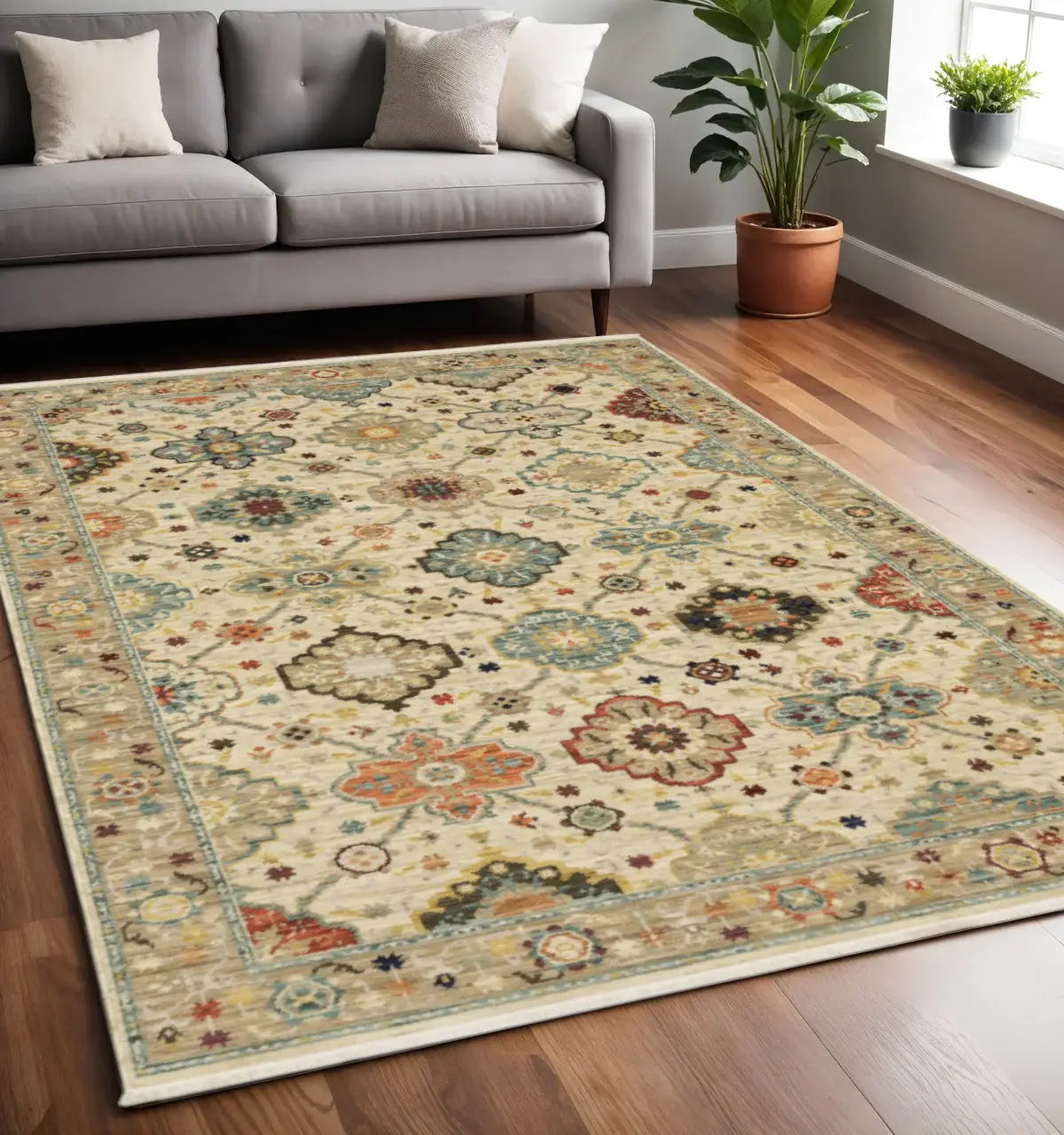 5' X 8' Beige Pale Blue Rust Gold Tan Brown And Orange Oriental Power Loom Stain Resistant Area Rug With Fringe - Homeroots - Flyclothing LLC