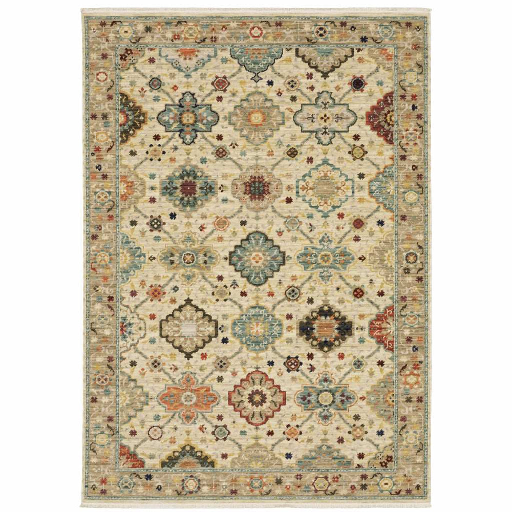 5' X 8' Beige Pale Blue Rust Gold Tan Brown And Orange Oriental Power Loom Stain Resistant Area Rug With Fringe - Homeroots - Flyclothing LLC