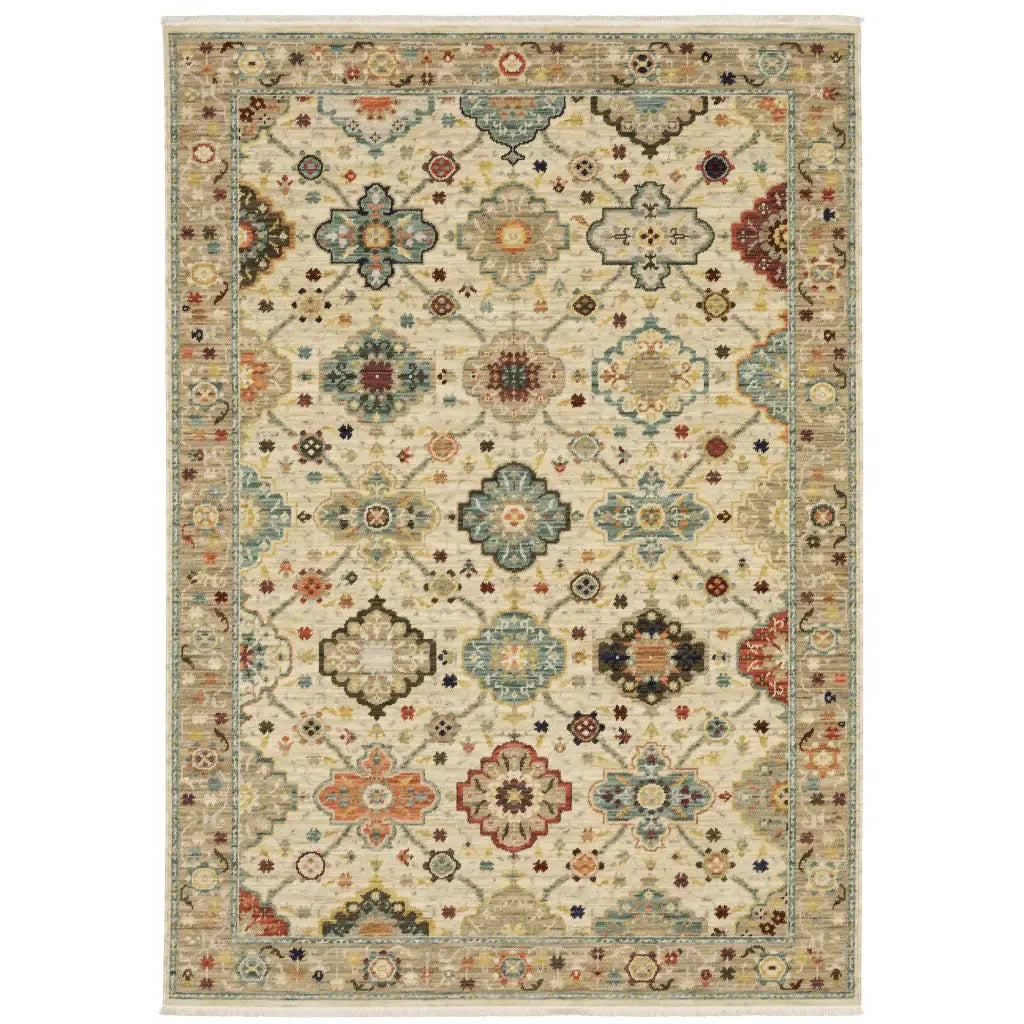8' X 11' Beige Pale Blue Rust Gold Tan Brown And Orange Oriental Power Loom Stain Resistant Area Rug With Fringe - Homeroots - Flyclothing LLC