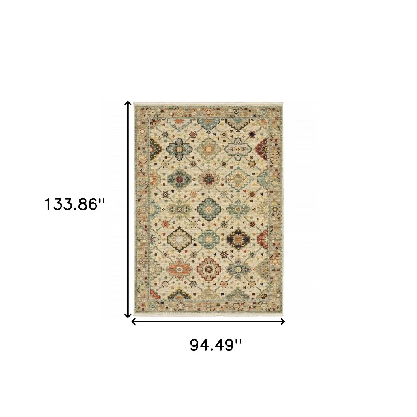 8' X 11' Beige Pale Blue Rust Gold Tan Brown And Orange Oriental Power Loom Stain Resistant Area Rug With Fringe - Homeroots - Flyclothing LLC