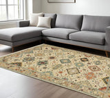 8' X 11' Beige Pale Blue Rust Gold Tan Brown And Orange Oriental Power Loom Stain Resistant Area Rug With Fringe - Homeroots - Flyclothing LLC
