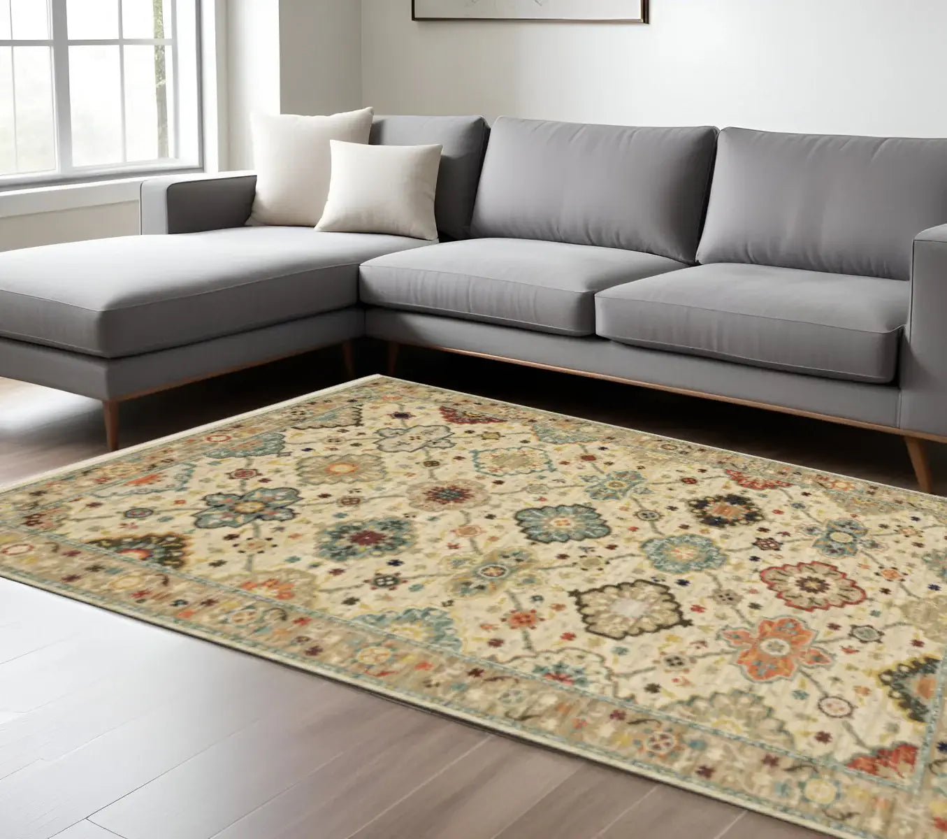 8' X 11' Beige Pale Blue Rust Gold Tan Brown And Orange Oriental Power Loom Stain Resistant Area Rug With Fringe - Homeroots - Flyclothing LLC
