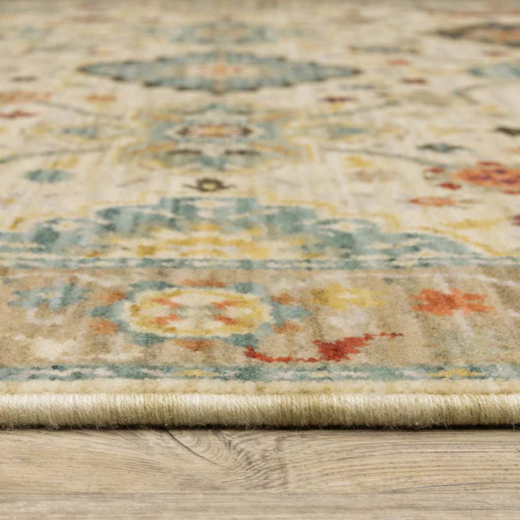 10' X 13' Beige Pale Blue Rust Gold Tan Brown And Orange Oriental Power Loom Stain Resistant Area Rug With Fringe - Homeroots - Flyclothing LLC