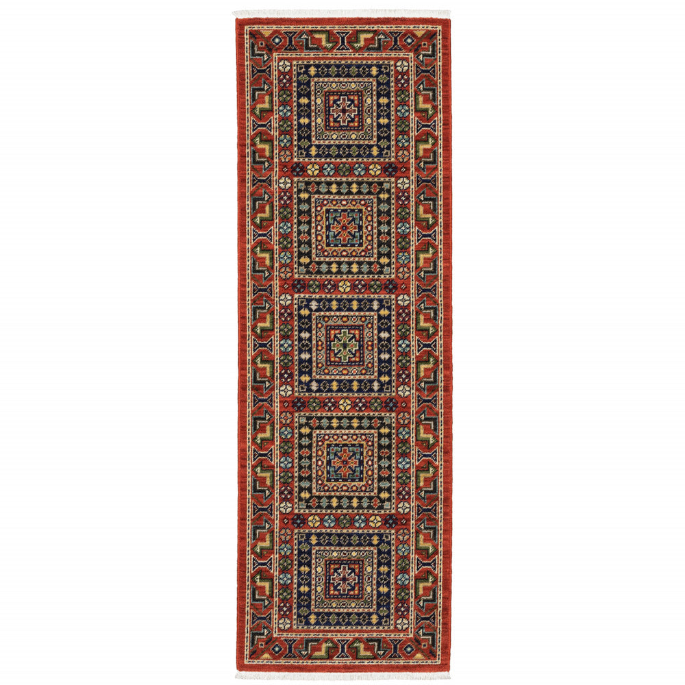 2' X 6' Red Blue Beige And Green Oriental Power Loom Stain Resistant Runner Rug With Fringe