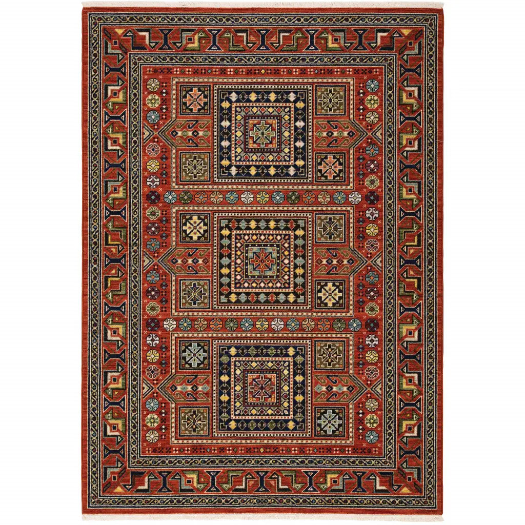 10' X 13' Red Blue Beige And Green Oriental Power Loom Stain Resistant Area Rug With Fringe - Homeroots - Flyclothing LLC
