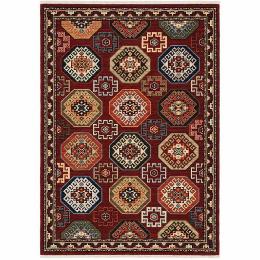 2' X 3' Red Blue Brown And Beige Oriental Power Loom Stain Resistant Area Rug With Fringe - Homeroots - Flyclothing LLC