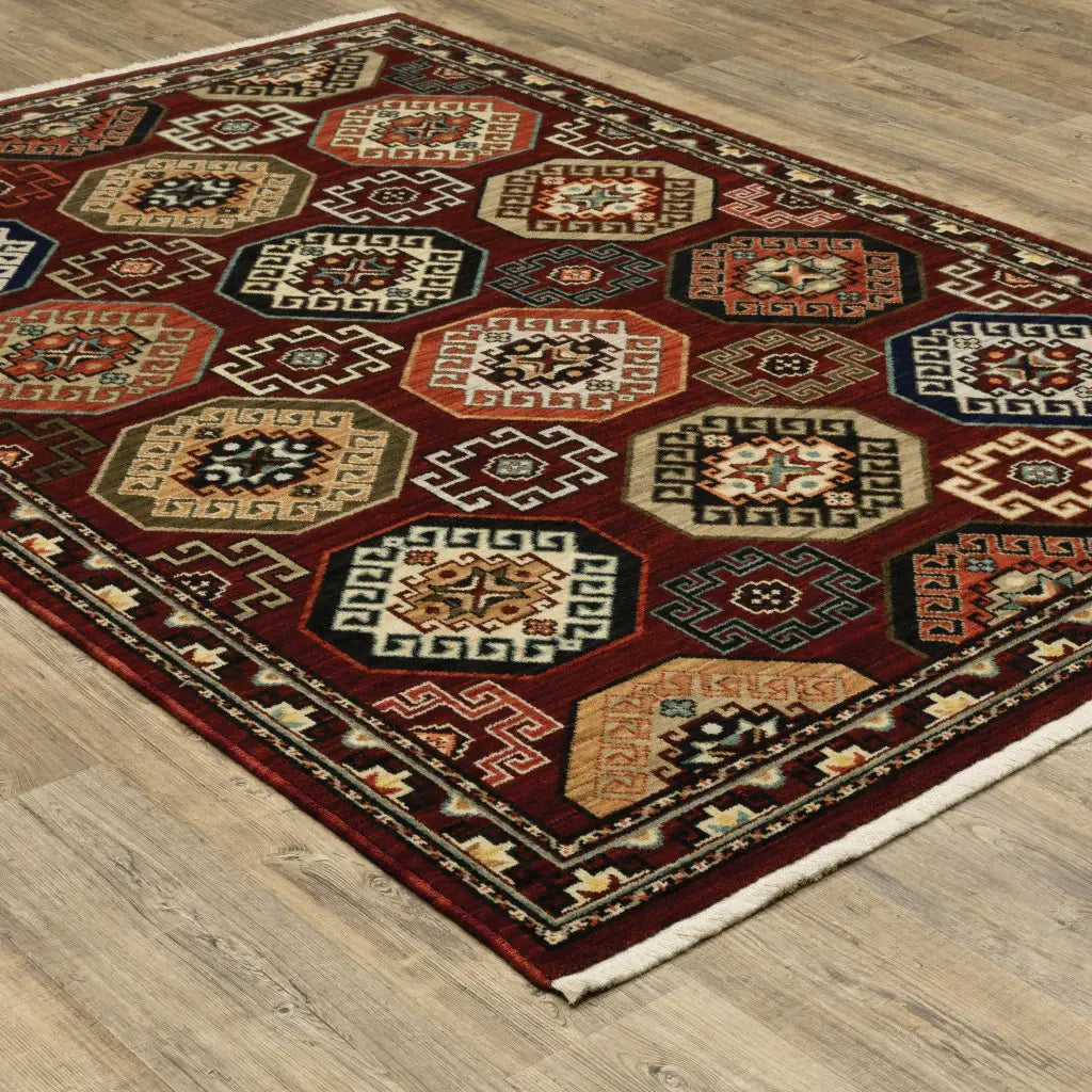 2' X 3' Red Blue Brown And Beige Oriental Power Loom Stain Resistant Area Rug With Fringe - Homeroots - Flyclothing LLC