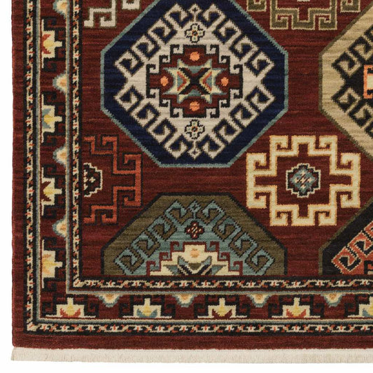 2' X 3' Red Blue Brown And Beige Oriental Power Loom Stain Resistant Area Rug With Fringe - Homeroots - Flyclothing LLC