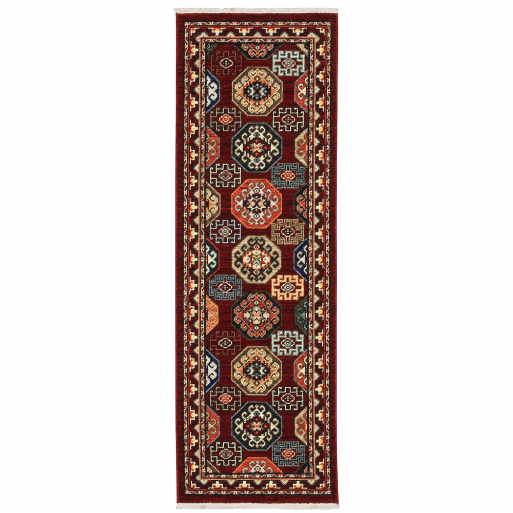 2' X 6' Red Blue Brown And Beige Oriental Power Loom Stain Resistant Runner Rug With Fringe - Homeroots