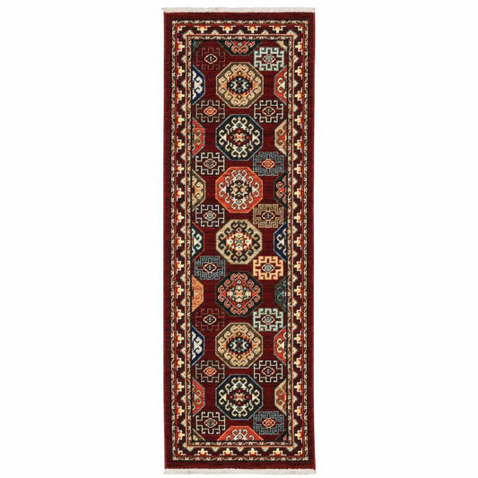2' X 6' Red Blue Brown And Beige Oriental Power Loom Stain Resistant Runner Rug With Fringe - Homeroots - Flyclothing LLC