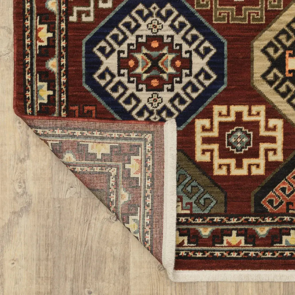 2' X 6' Red Blue Brown And Beige Oriental Power Loom Stain Resistant Runner Rug With Fringe - Homeroots - Flyclothing LLC