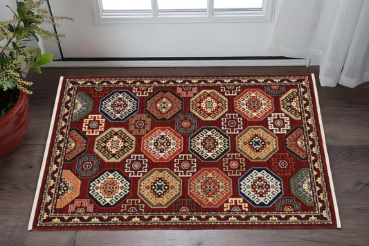 3' X 5' Red Blue Brown And Beige Oriental Power Loom Stain Resistant Area Rug With Fringe - Homeroots - Flyclothing LLC