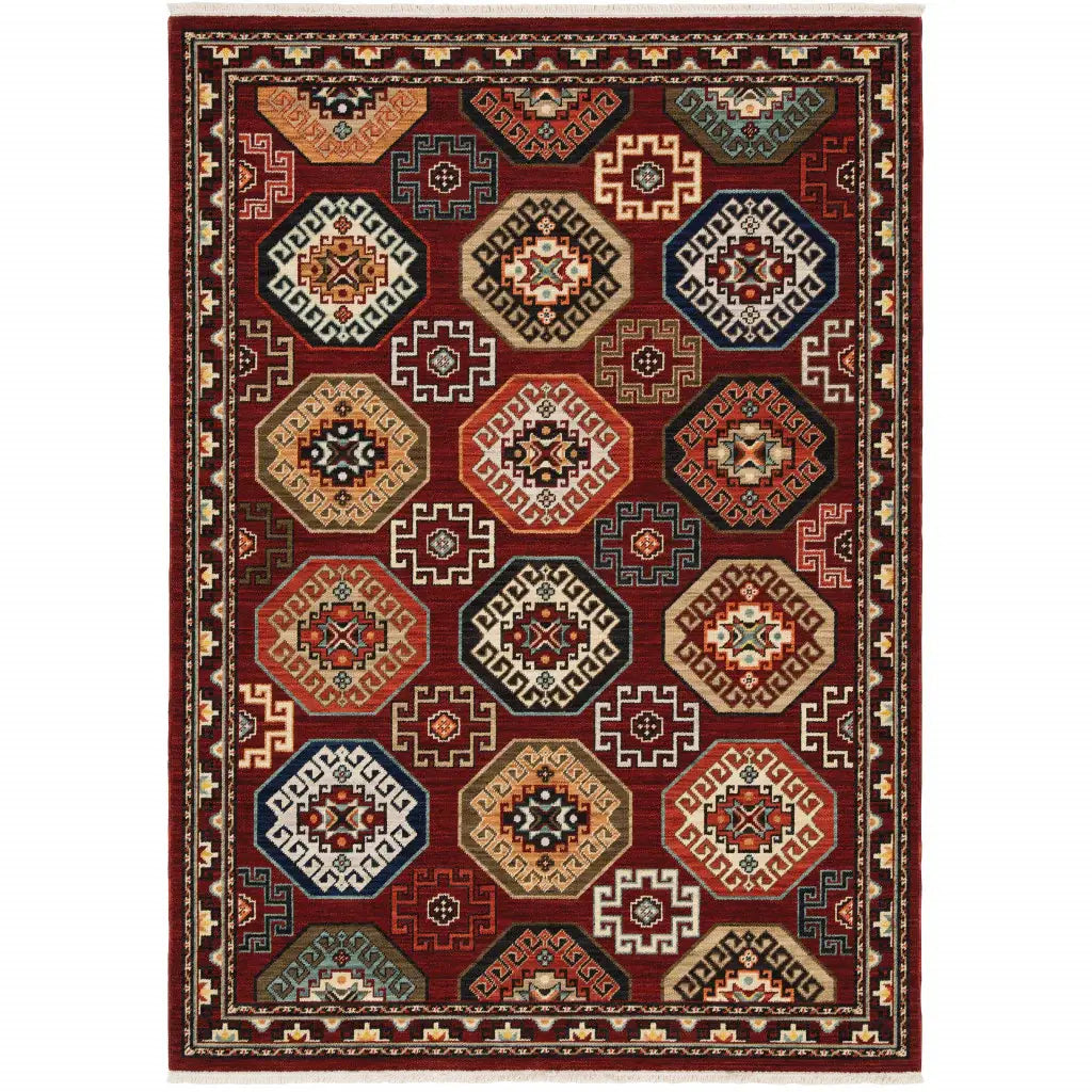 5' X 8' Red Blue Brown And Beige Oriental Power Loom Stain Resistant Area Rug With Fringe - Homeroots - Flyclothing LLC