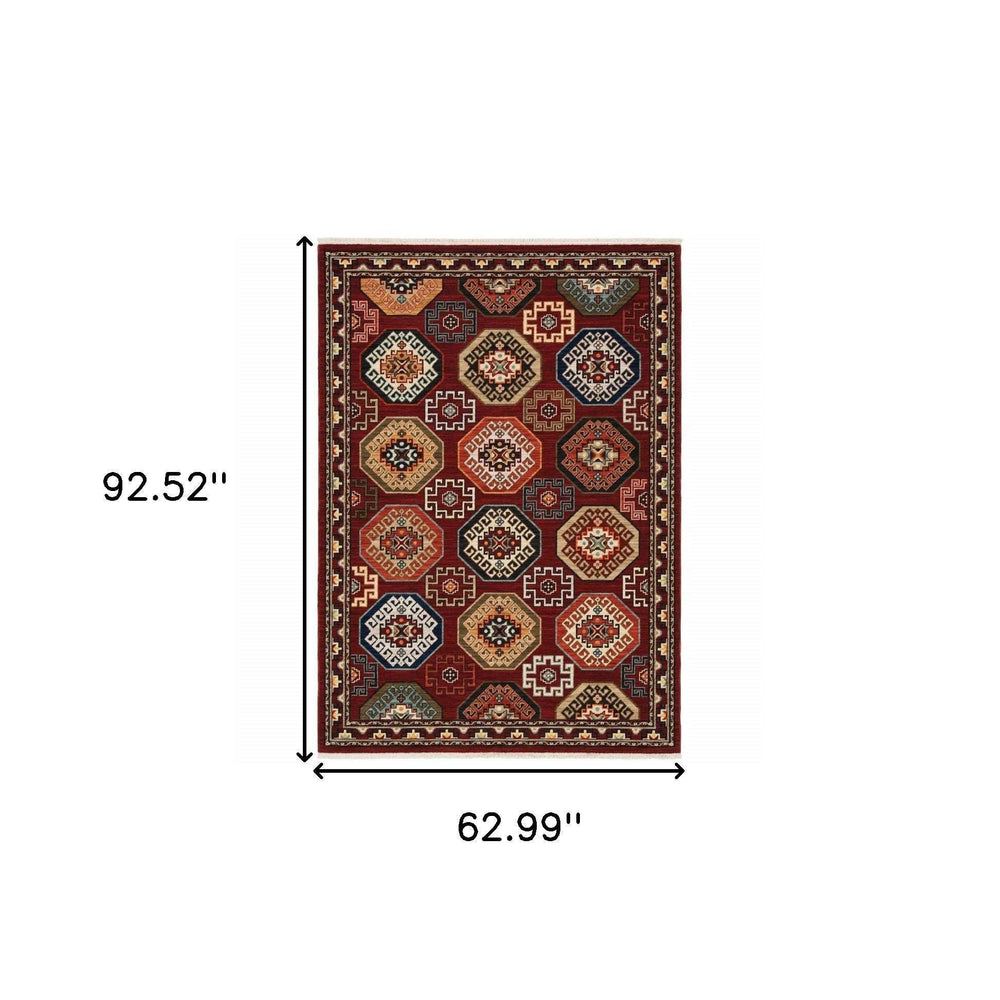 5' X 8' Red Blue Brown And Beige Oriental Power Loom Stain Resistant Area Rug With Fringe - Homeroots - Flyclothing LLC