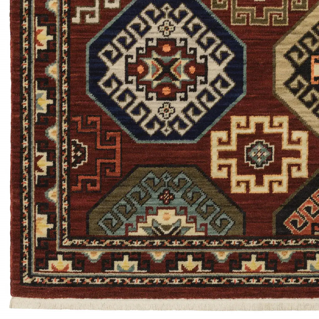 8' X 11' Red Blue Brown And Beige Oriental Power Loom Stain Resistant Area Rug With Fringe - Homeroots - Flyclothing LLC