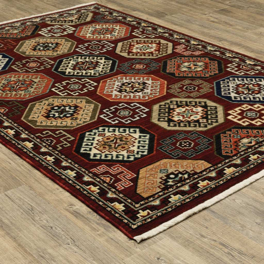 10' X 13' Red Blue Brown And Beige Oriental Power Loom Stain Resistant Area Rug With Fringe - Homeroots - Flyclothing LLC