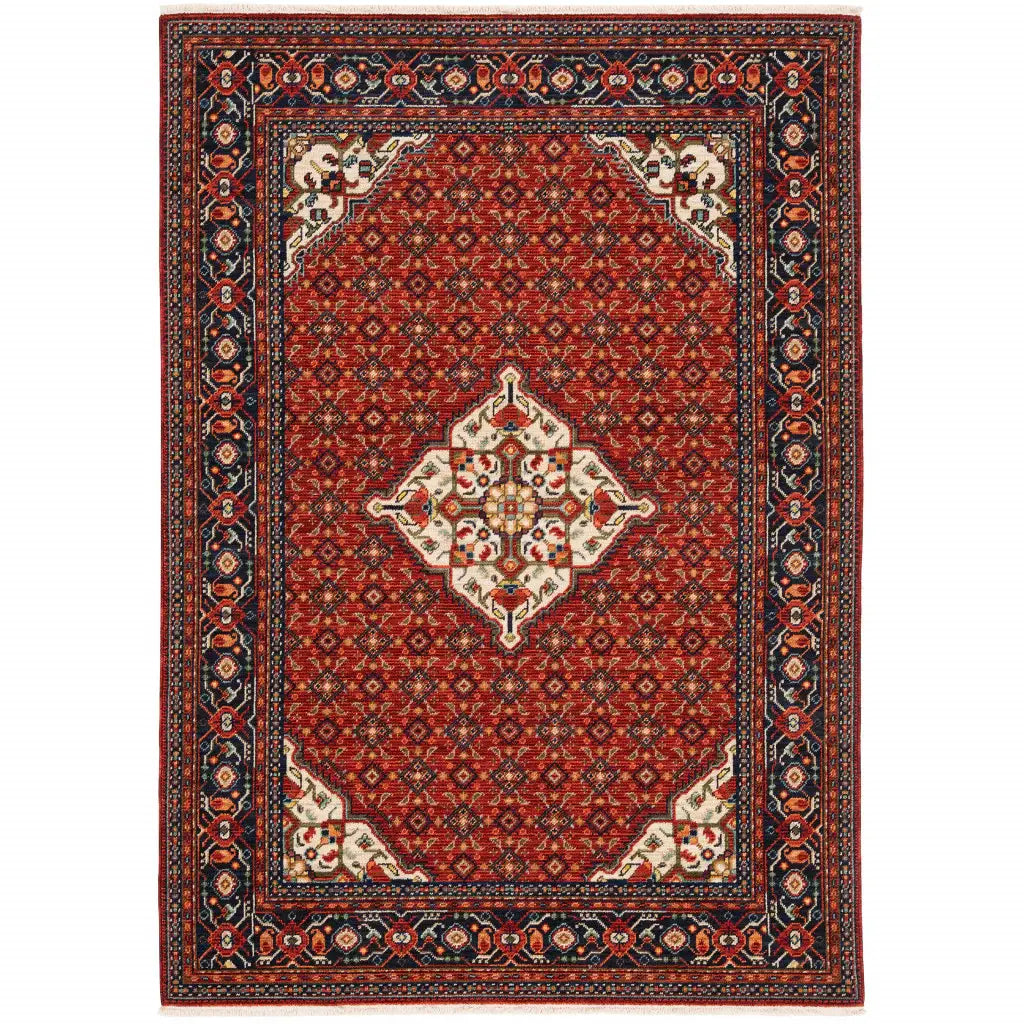 2' X 3' Red Blue Ivory And Orange Oriental Power Loom Stain Resistant Area Rug With Fringe - Homeroots - Flyclothing LLC