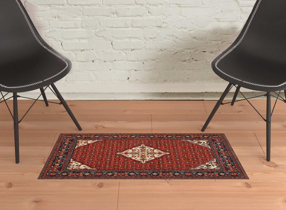 2' X 3' Red Blue Ivory And Orange Oriental Power Loom Stain Resistant Area Rug With Fringe - Homeroots - Flyclothing LLC