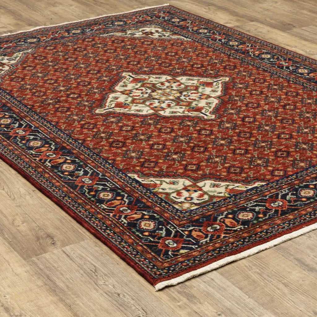 2' X 3' Red Blue Ivory And Orange Oriental Power Loom Stain Resistant Area Rug With Fringe - Homeroots - Flyclothing LLC