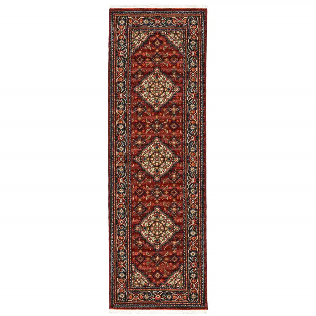 2' X 6' Red Blue Ivory And Orange Oriental Power Loom Stain Resistant Runner Rug With Fringe - Homeroots - Flyclothing LLC