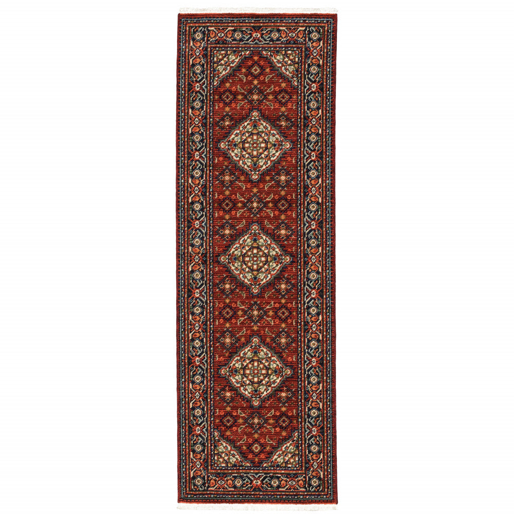 2' X 6' Red Blue Ivory And Orange Oriental Power Loom Stain Resistant Runner Rug With Fringe