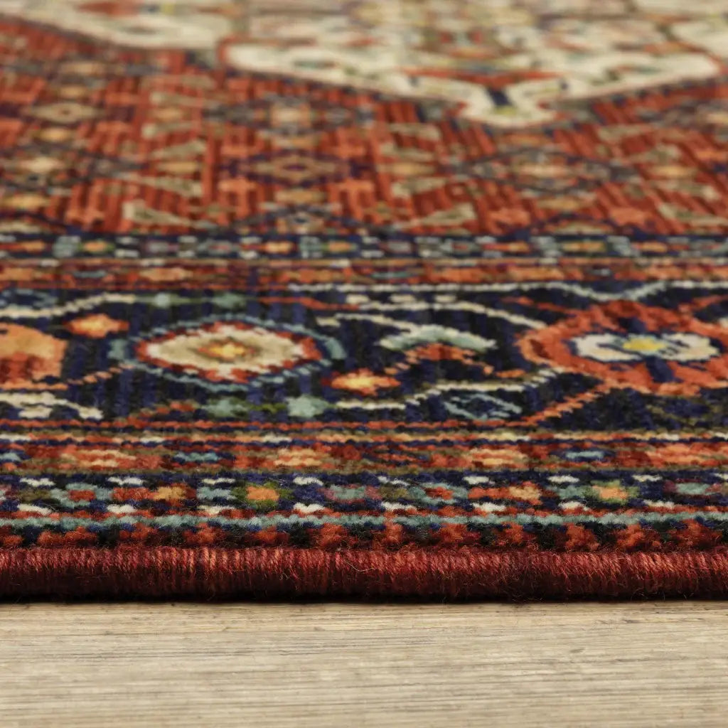 3' X 5' Red Blue Ivory And Orange Oriental Power Loom Stain Resistant Area Rug With Fringe - Homeroots - Flyclothing LLC