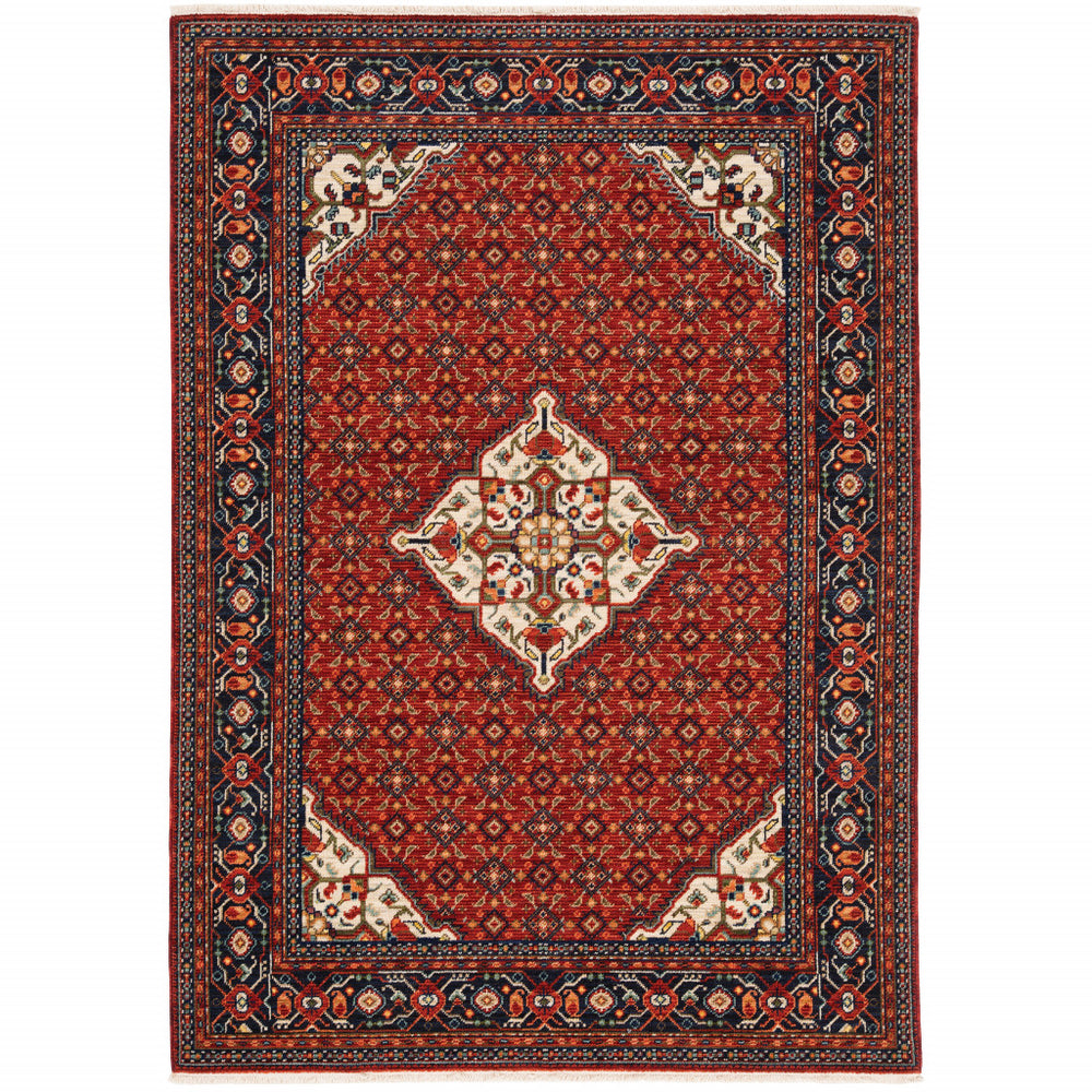 6' X 9' Red Blue Ivory And Orange Oriental Power Loom Stain Resistant Area Rug With Fringe - Homeroots