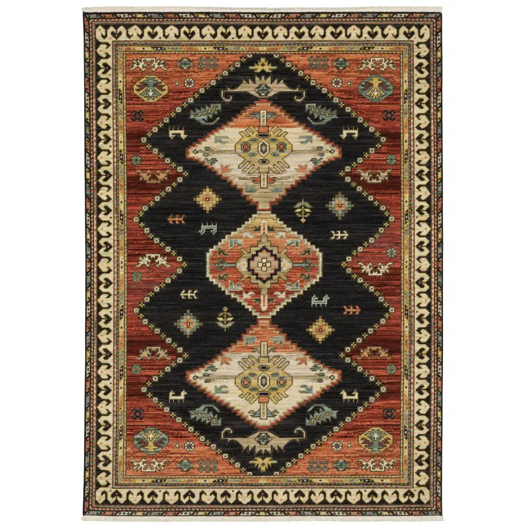 2' X 3' Charcoal Brown Orange Salmon Gold Navy Ivory And Pale Blue Oriental Power Loom Stain Resistant Area Rug With Fringe - Homeroots - Flyclothing LLC