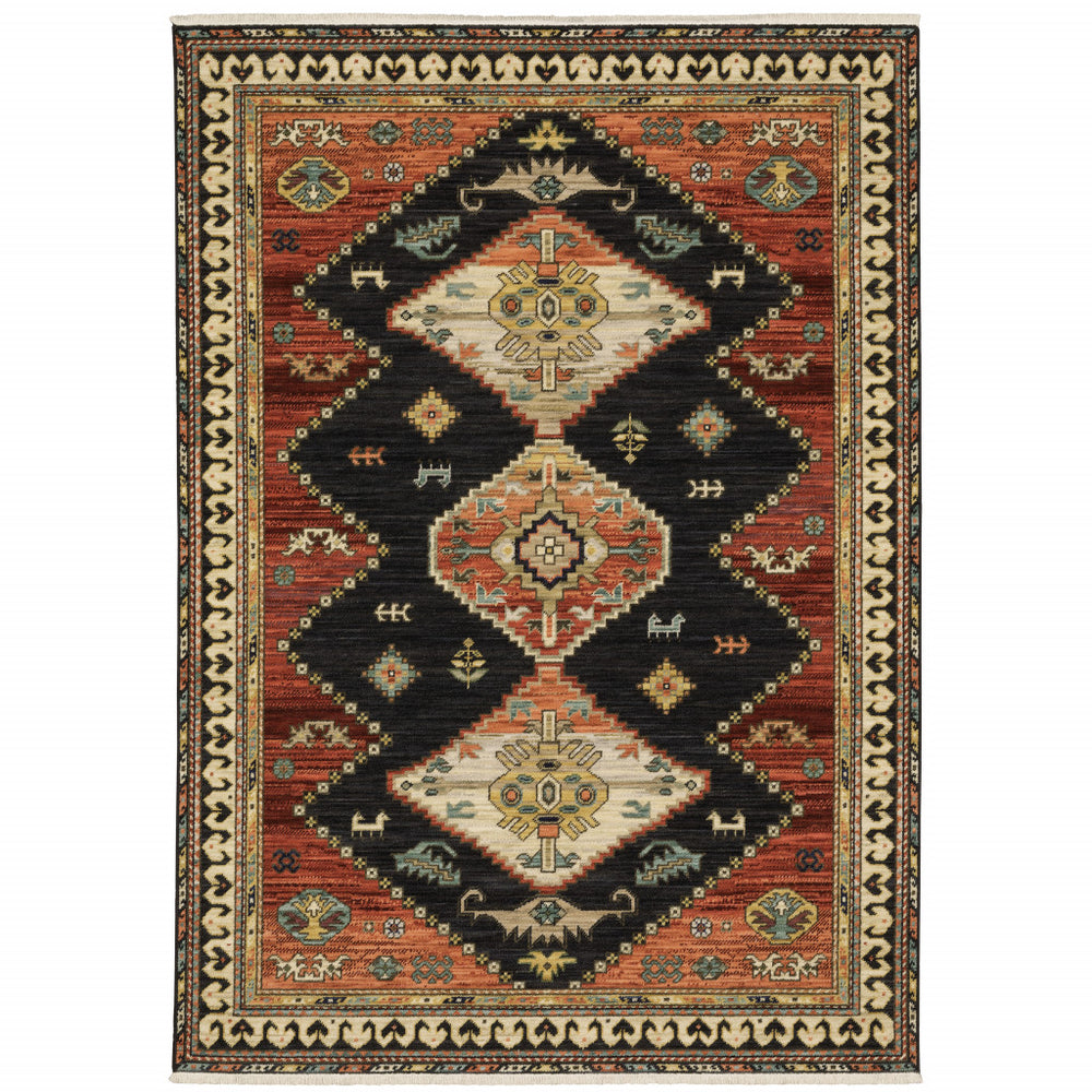 2' X 3' Charcoal Brown Orange Salmon Gold Navy Ivory And Pale Blue Oriental Power Loom Stain Resistant Area Rug With Fringe - Homeroots
