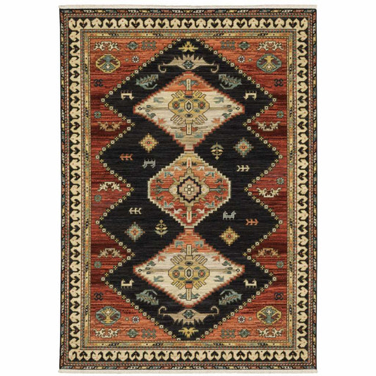 2' X 3' Charcoal Brown Orange Salmon Gold Navy Ivory And Pale Blue Oriental Power Loom Stain Resistant Area Rug With Fringe - Homeroots - Flyclothing LLC