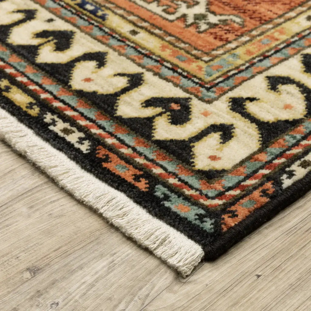 2' X 3' Charcoal Brown Orange Salmon Gold Navy Ivory And Pale Blue Oriental Power Loom Stain Resistant Area Rug With Fringe - Homeroots - Flyclothing LLC
