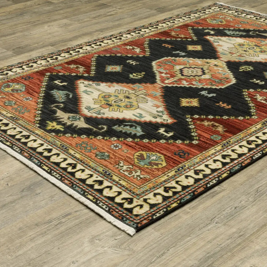 2' X 3' Charcoal Brown Orange Salmon Gold Navy Ivory And Pale Blue Oriental Power Loom Stain Resistant Area Rug With Fringe - Homeroots - Flyclothing LLC