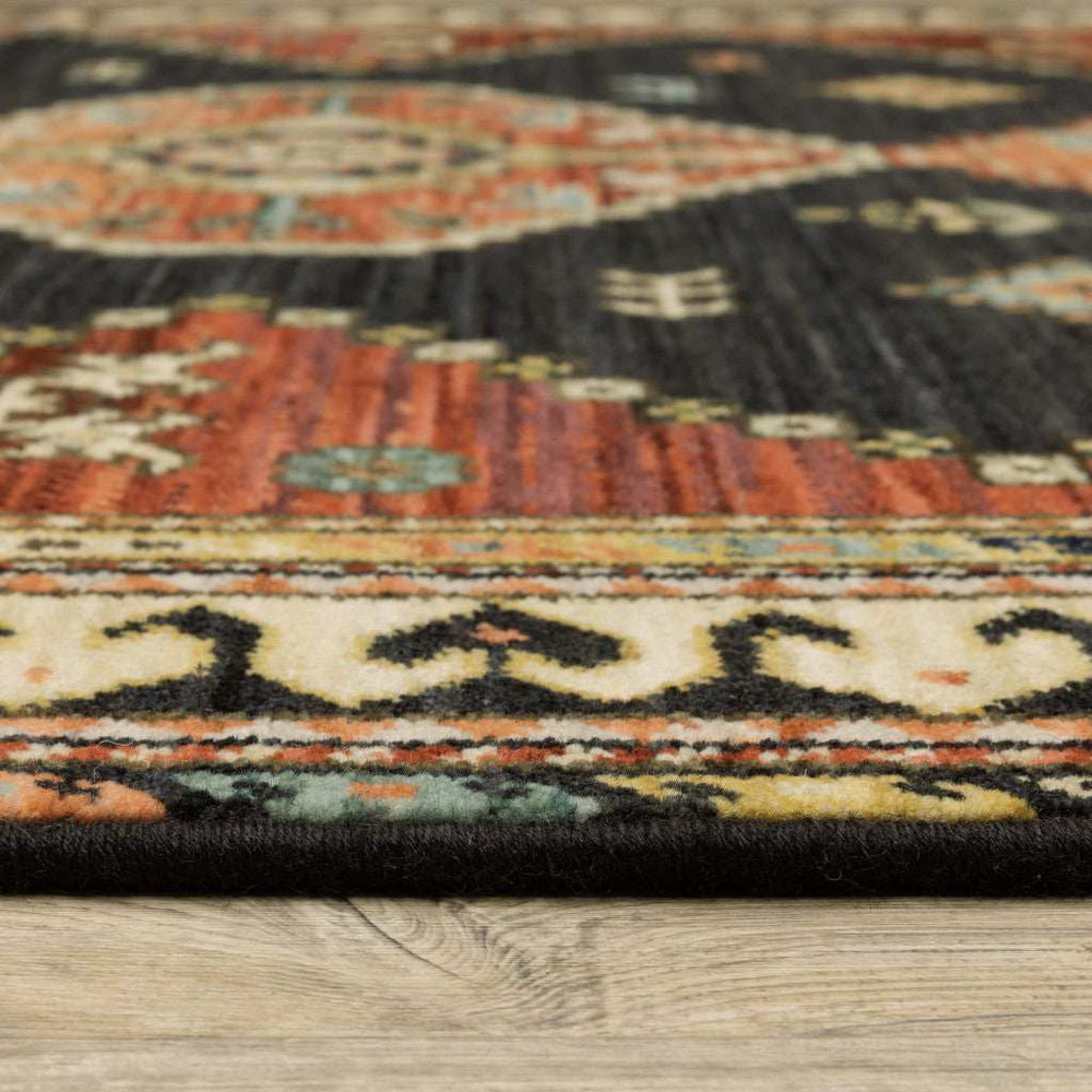 2' X 3' Charcoal Brown Orange Salmon Gold Navy Ivory And Pale Blue Oriental Power Loom Stain Resistant Area Rug With Fringe - Homeroots - Flyclothing LLC