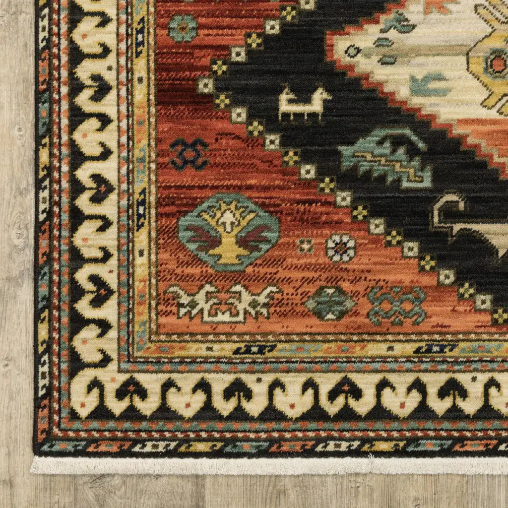 2' X 3' Charcoal Brown Orange Salmon Gold Navy Ivory And Pale Blue Oriental Power Loom Stain Resistant Area Rug With Fringe - Homeroots - Flyclothing LLC