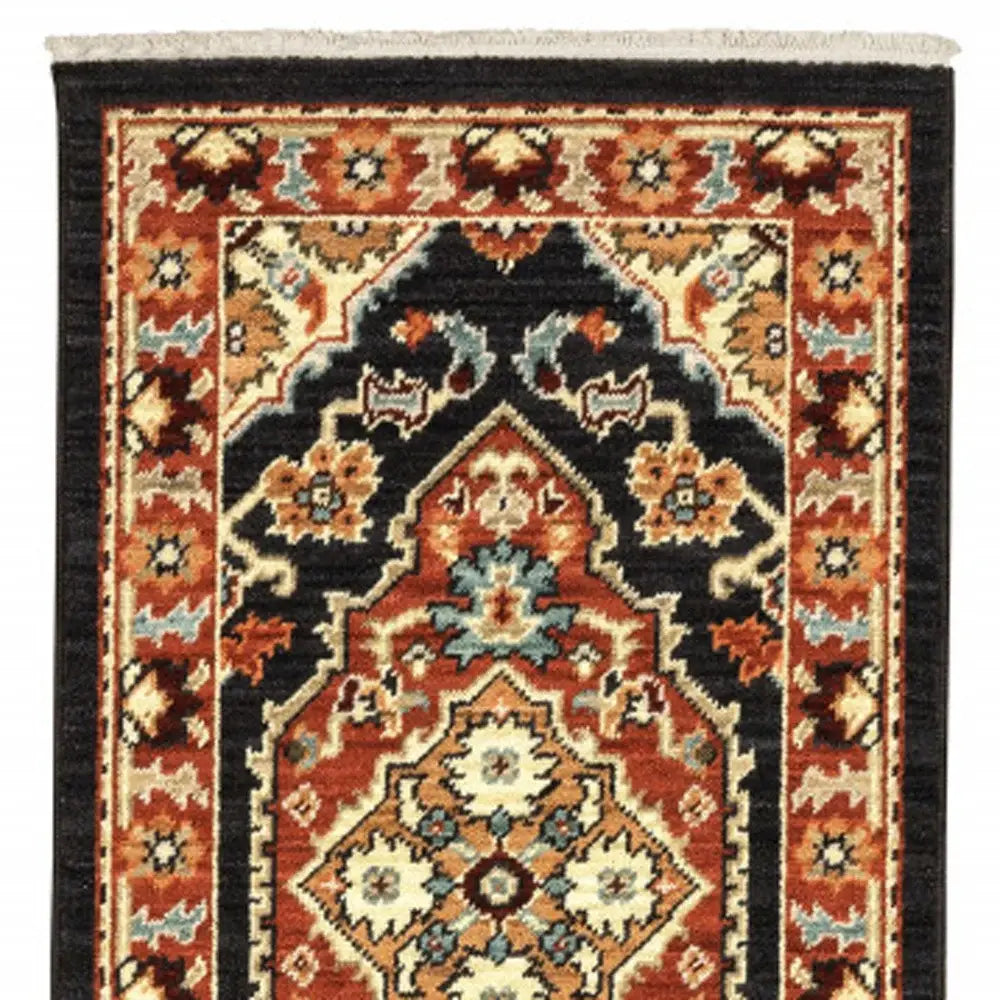 2' X 6' Black Orange And Beige Oriental Power Loom Stain Resistant Runner Rug With Fringe - Homeroots - Flyclothing LLC