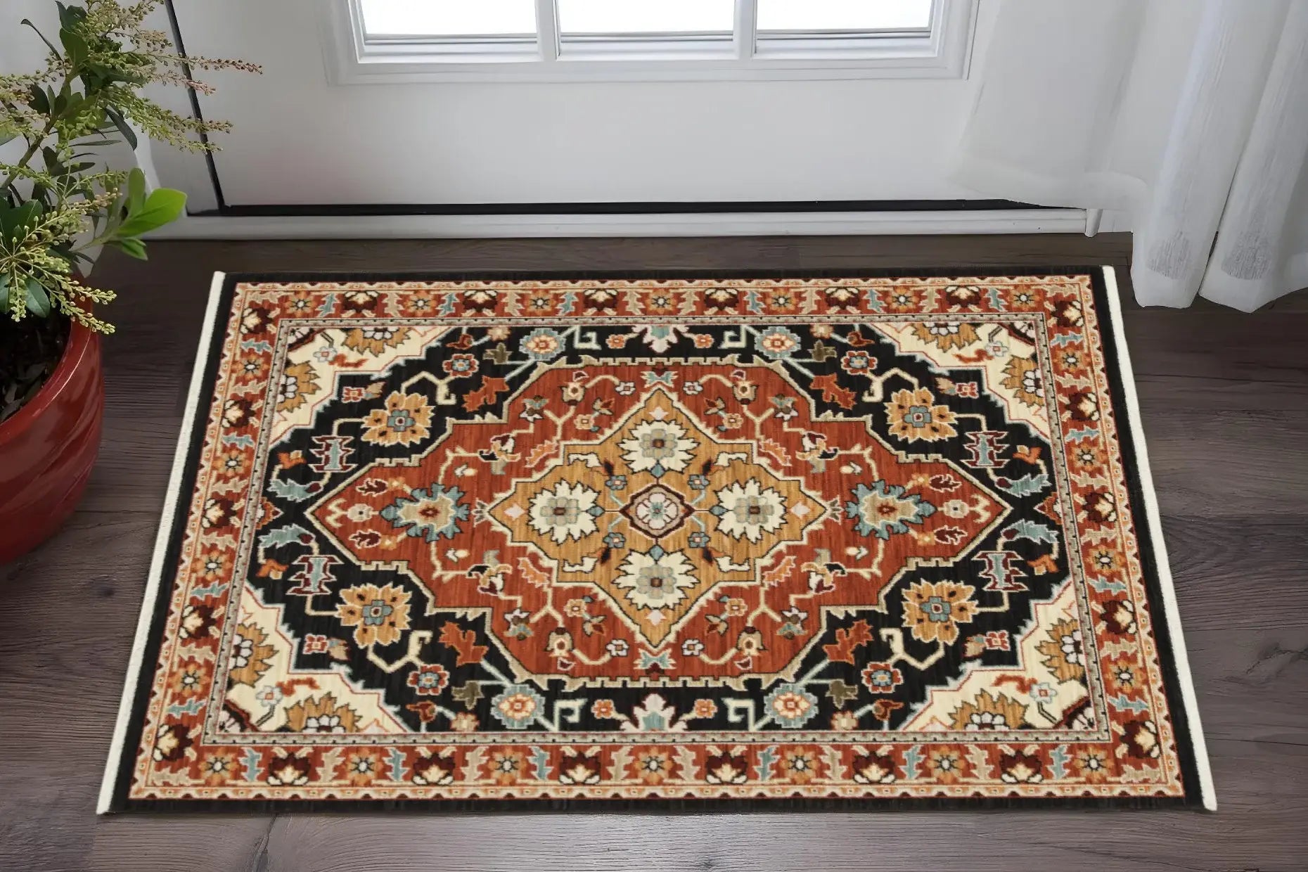 3' X 5' Black Orange And Beige Oriental Power Loom Stain Resistant Area Rug With Fringe - Homeroots - Flyclothing LLC