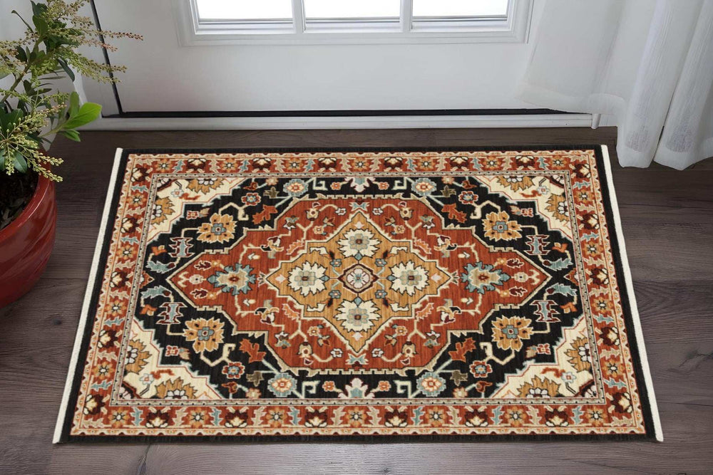 3' X 5' Black Orange And Beige Oriental Power Loom Stain Resistant Area Rug With Fringe - Homeroots - Flyclothing LLC