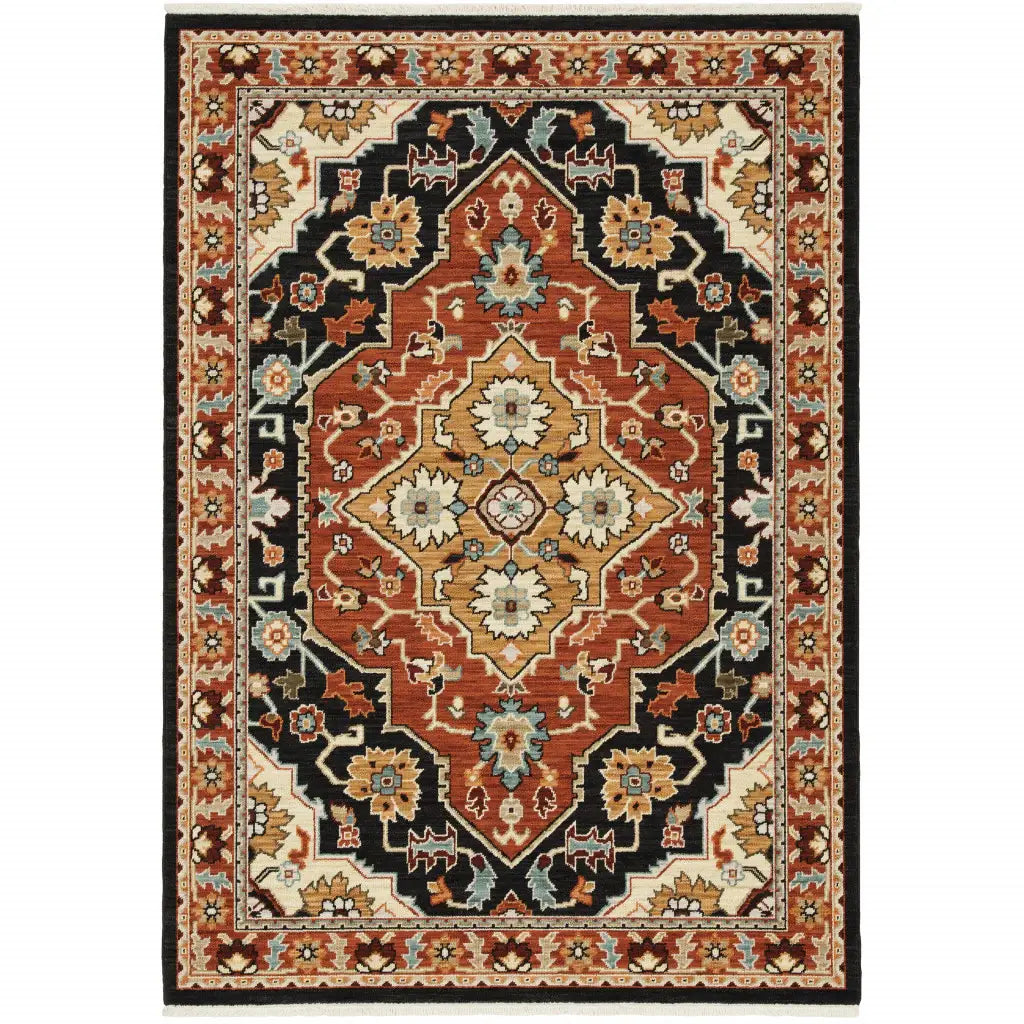8' X 11' Black Orange And Beige Oriental Power Loom Stain Resistant Area Rug With Fringe - Homeroots - Flyclothing LLC