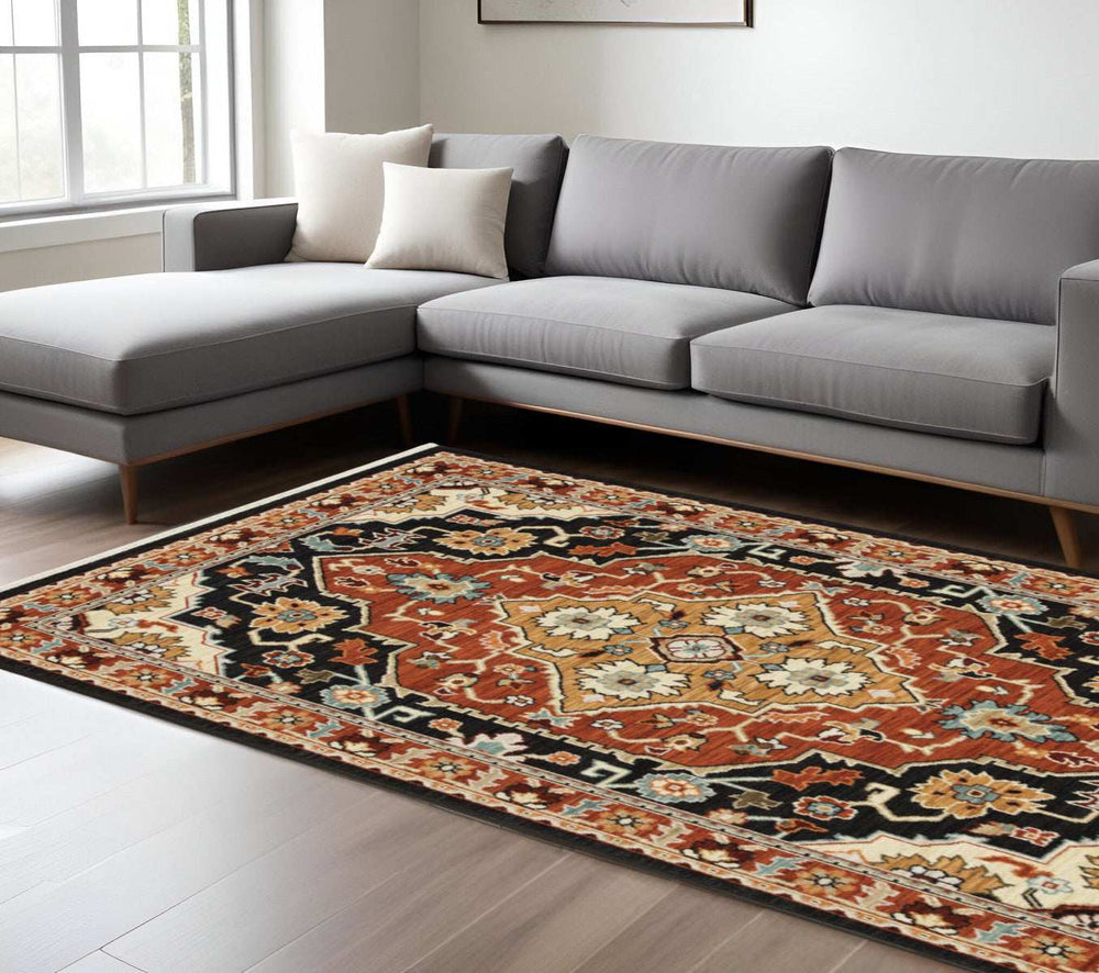 8' X 11' Black Orange And Beige Oriental Power Loom Stain Resistant Area Rug With Fringe - Homeroots - Flyclothing LLC