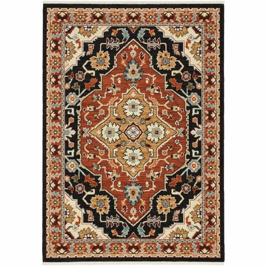 8' X 11' Black Orange And Beige Oriental Power Loom Stain Resistant Area Rug With Fringe - Homeroots - Flyclothing LLC